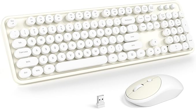 KNOWSQT Wireless Keyboard and Mouse Combo - White-Milky Full-Sized 2.4 GHz 104 Keys Typewriter Cute Keyboard, Round Keycap and Optical Mouse for Windows, Computer, PC, Laptop, Desktop
