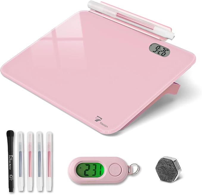 Small Glass Desk Whiteboard Dry-Erase Board with Clock, Small Travel Reminder Clock Keychain with Desk Notepad, Time Table Whiteboard for Desk Digital LED Light Display, 8x6 in with Accessories, Pink
