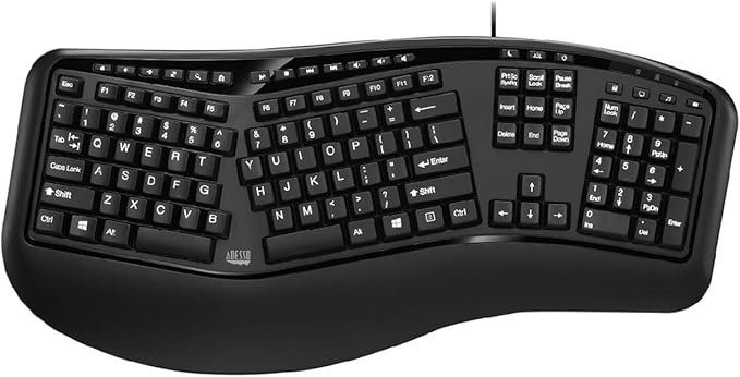 Adesso Ergonomic USB Keyboard with Integrated Palm Rest - Split Key Design, Multimedia & Internet Hotkeys, 105-Key US Layout AKB-150UB