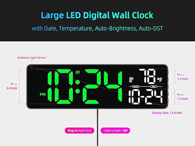 Large LED Digital Wall Clock with Date, Temperature, Auto-Brightness, Auto-DST | Big Digital Clock for Bedroom, Desk, Classroom, Living Room, Kitchen, Office, Gym, Farmhouse, Xmas Gift for Seniors