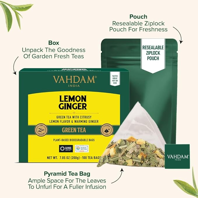 VAHDAM, Lemon Ginger Tea Bags (100 Green Tea Bags) Low Caffeine | Fruity Flavor - Zesty Lemon & Ginger, Orange Peel | Resealable Ziplock Pouch | Brew Hot or Iced Tea