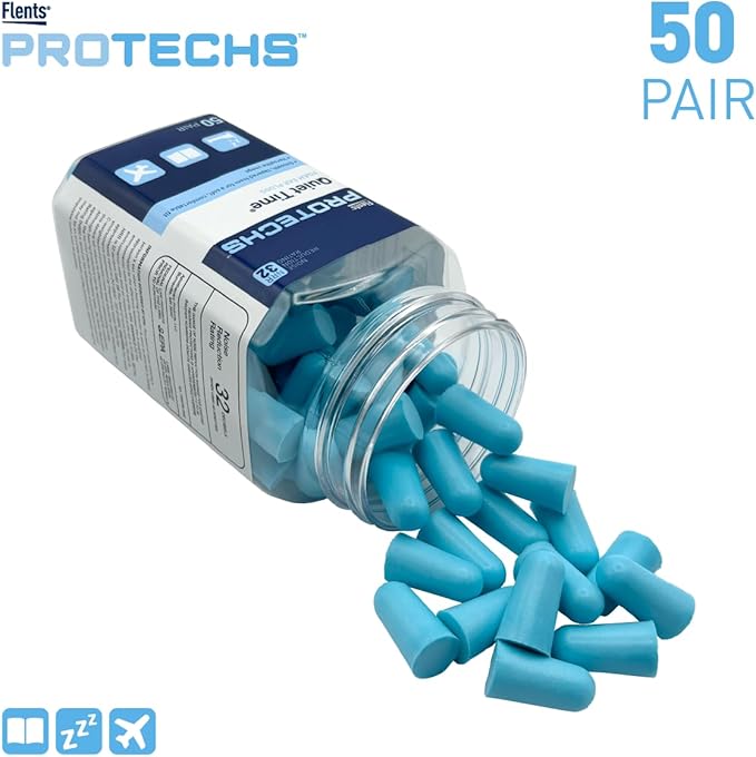 Flents Protechs Foam Ear Plugs for Sleeping, Snoring, Traveling, Concerts, Construction & Studying, Ultra Soft & Comfortable, Blue, 50 Pairs, NRR 32 Hearing Protection for Loud Noise