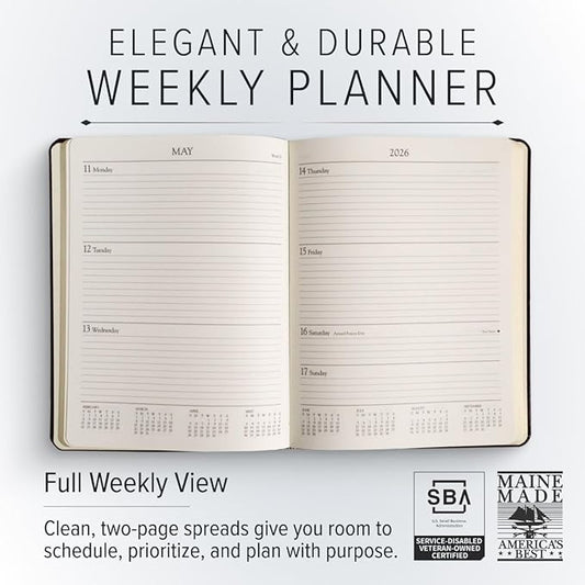 Gallery Leather Large Weekly Monthly Planner 2025-2026, Elegantly Bound Calendar Planner and Notebook with Stylish Gold-Gilded Page Edges, 12 Months - Acadia Plum - 9.75 x 7.5 "