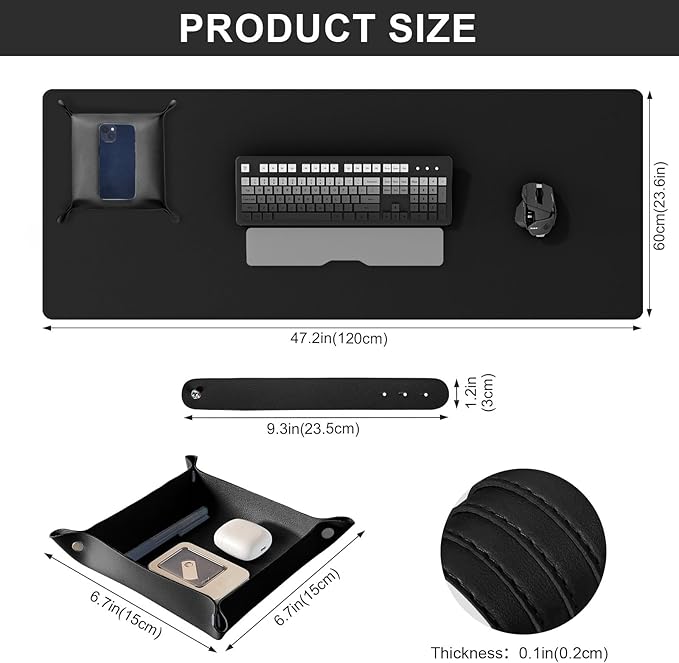 DAWNTREES Dual Sided Desk Mat,Black Leather Desk Pad,47.2''x23.6'',Cork Desk Mat Protector,120x60cm Extra Large Mouse Pad,with PU Leather Valet Tray Organizer,Desk Writing Pad for Office and Home