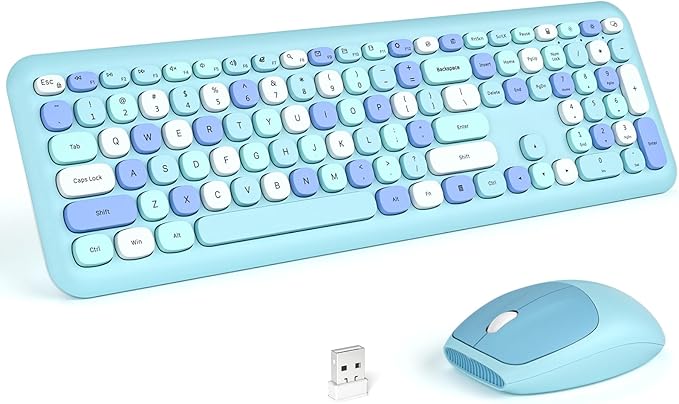KNOWSQT Wireless Keyboard and Mouse Combo, Pale Blue Full-Sized 2.4G Silent Keycap Colorful Keyboards, USB Dongle Plug Play, for Laptop, Windows, PC, Computer, Desktop