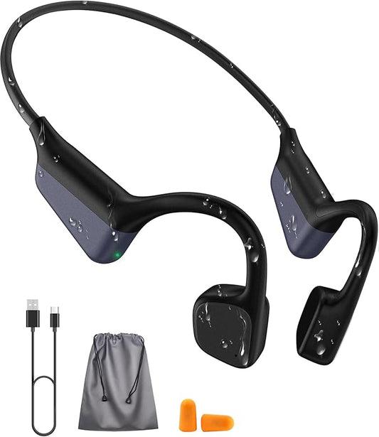 Bone Conduction Headphones, Waterproof Open Ear Wireless Bluetooth Shower Earbuds Noise Cancelling, HiFi Stereo Earphones with Mic, 18H Playtime, Comfort Headset for Sports, Work, Meeting