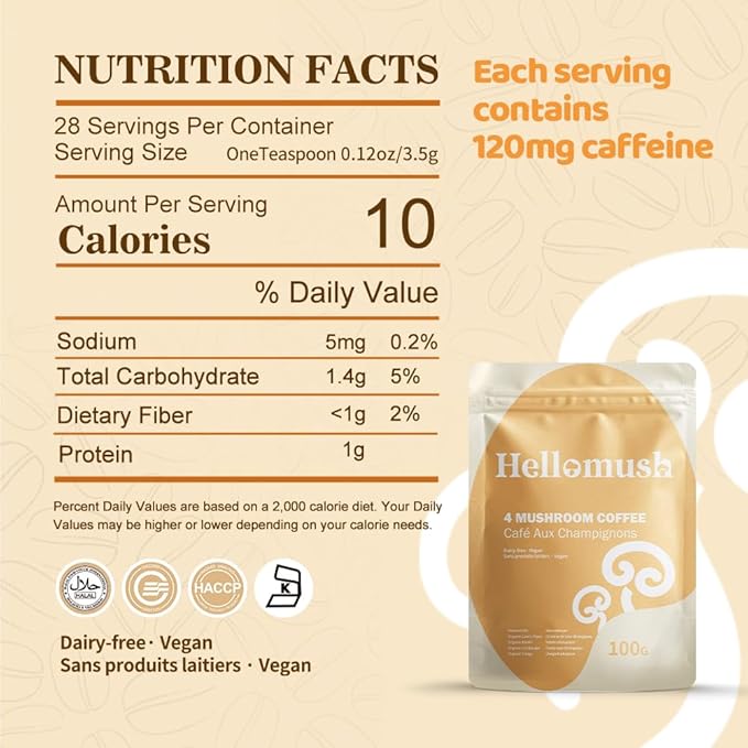 Hellomush Organic Instant Mushroom Coffee with Lions Mane, Reishi, Chaga and Cordyceps Coffee, Adaptogen Drink for Greater Energy, More Focus, Better Digestion, and Gut Support 28 Servings 3.52 oz