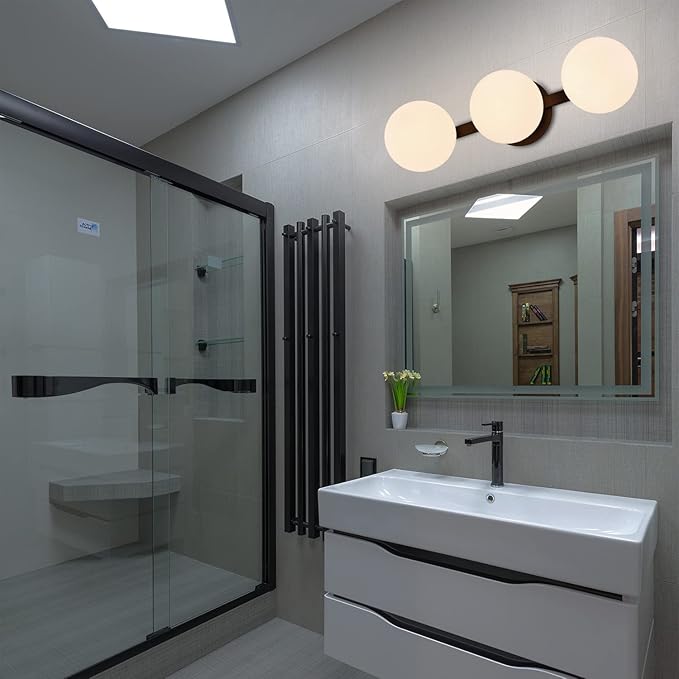 Bathroom Vanity Light Fixtures, Modern 3 Lights Globe Wall Sconce Lighting Matte Black, Porch Wall Mount Light Fixture for Bathroom, Mirror Cabinets Hallway Stairs (Matte Black, 3-Light)