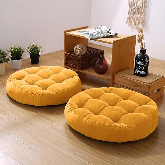 Meditation Floor Pillow Set of 2 Large Round Floor Cushions for Adults Tufted Corduroy Floor Seat Pillows Cushion for Living Room,Yellow 16.5" Lx16.5 Wx3 H
