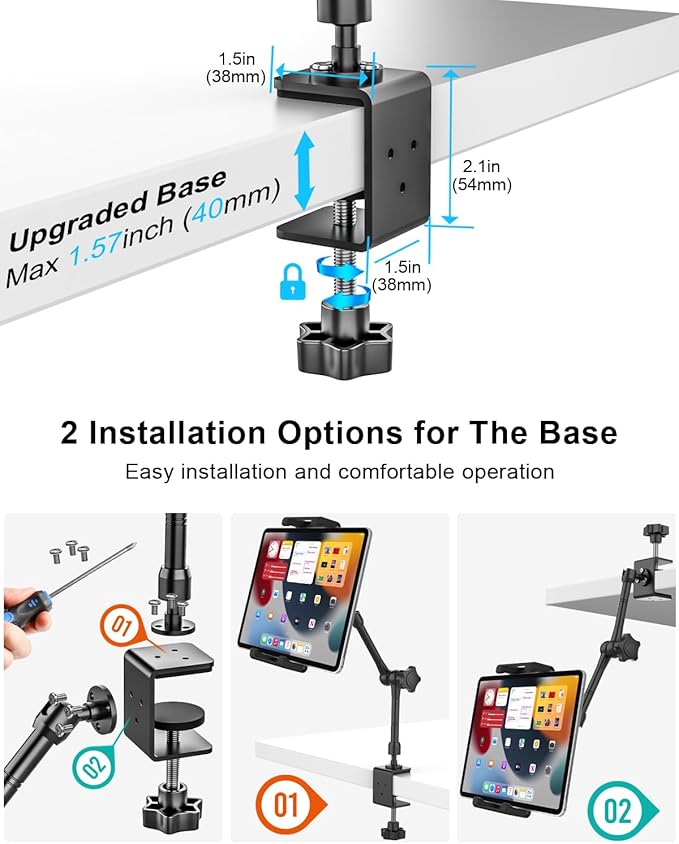 Kitchen Cabinet Tablet Mount - [Metal Adjustable Arm] Under Counter Tablet Holder for Desk Bed Stand with 1.26" Depth Large Clamp for iPad Pro 13 Air Mini, Galaxy, Fire, Switch, iPhone, 6-15.6" Device