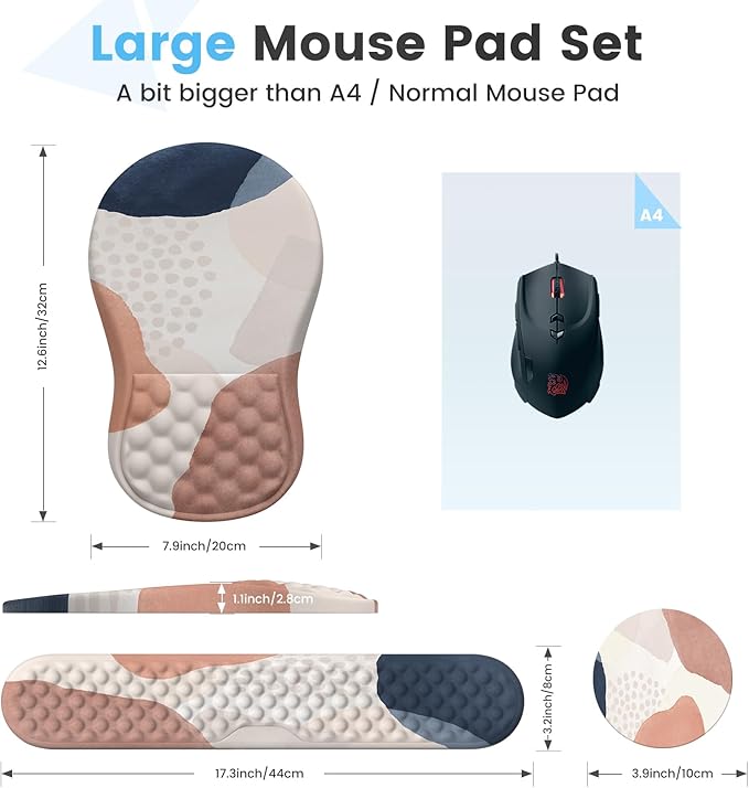 HAOCOO Ergonomic Mouse Pad with Wrist Rest and Keyboard Wrist Rest Set, 3 PCS Computer Carpal Tunnel Mouse Pads for Desk with Coaster, Memory Foam Mousepad Support for Office Women, Boho Navy Pink