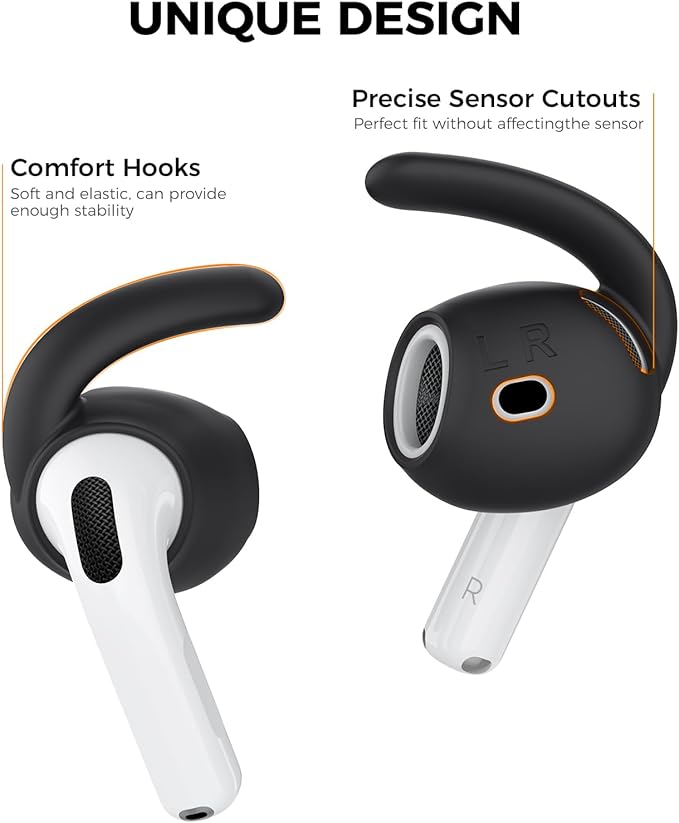 AhaStyle Ear Hooks for AirPods 4th Generation (2024) 【Added Storage Pouch】 3 Pairs S/M/L Anti-Slip Ear Covers Silicone Accessories Compatible with Apple AirPods 4th Gen (Large+Medium+Small, Black)