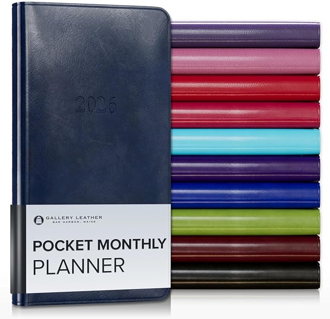 Gallery Leather Pocket Monthly Planner 2025-2026, Elegantly Bound Calendar Planner and Notebook with Stylish Gold-Gilded Page Edges, 18 Months - Acadia Navy - 6x3.25"