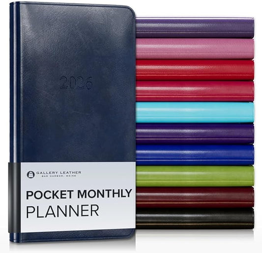 Gallery Leather Pocket Monthly Planner 2025-2026, Elegantly Bound Calendar Planner and Notebook with Stylish Gold-Gilded Page Edges, 18 Months - Acadia Navy - 6x3.25"