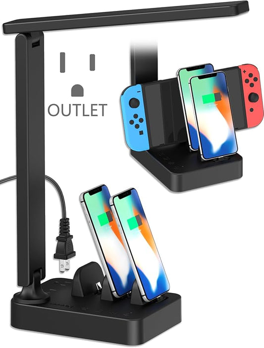 Drevet LED Desk Lamp with Charging Station, Desk Light with 3 USB C Chargers and 2 AC Power Outlets, 3 Lighting Mode, 3 Level Brightness,1H Timer, Touch Control, Eye-Caring Home Office Foldable Lamp