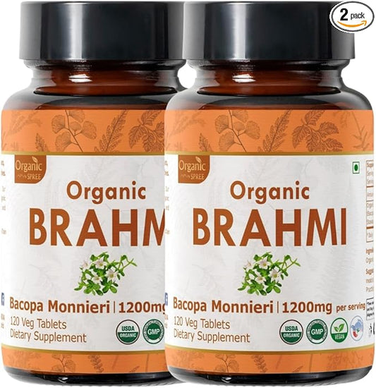 Brahmi 120 Tablets – USDA Organic Bacopa Monnieri Supplement – Supports Focus, Calm & Memory – Herbal Nootropic* - Pack of 2