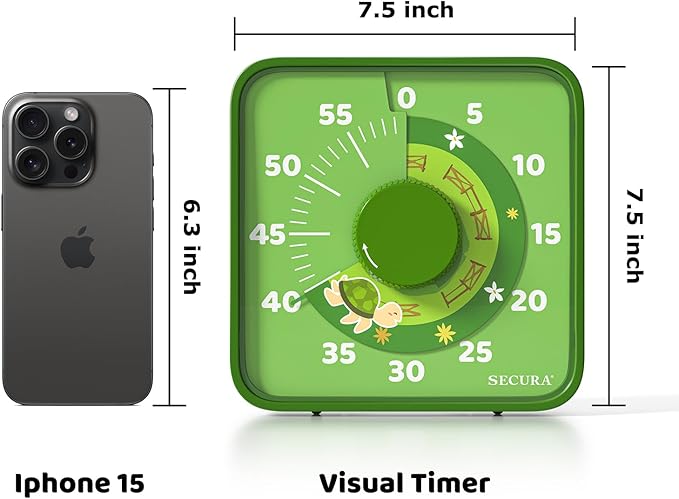 Secura 7.5-Inch Animal Pattern Visual Timer for Kids, 60-Minute Countdown Timer for Classroom or Kitchen, Durable Mechanical Timer Clock with Magnetic Backing (Green)