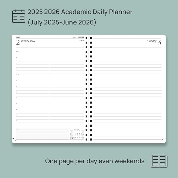 POPRUN Academic Daily Planner 2025-2026 One Page A Day - [A4 Large Size 8.25" x 12" - Spiral Hard Cover], Appointment Book (July 2025 - June 2026) with Monthly Calendar - Midnight Green