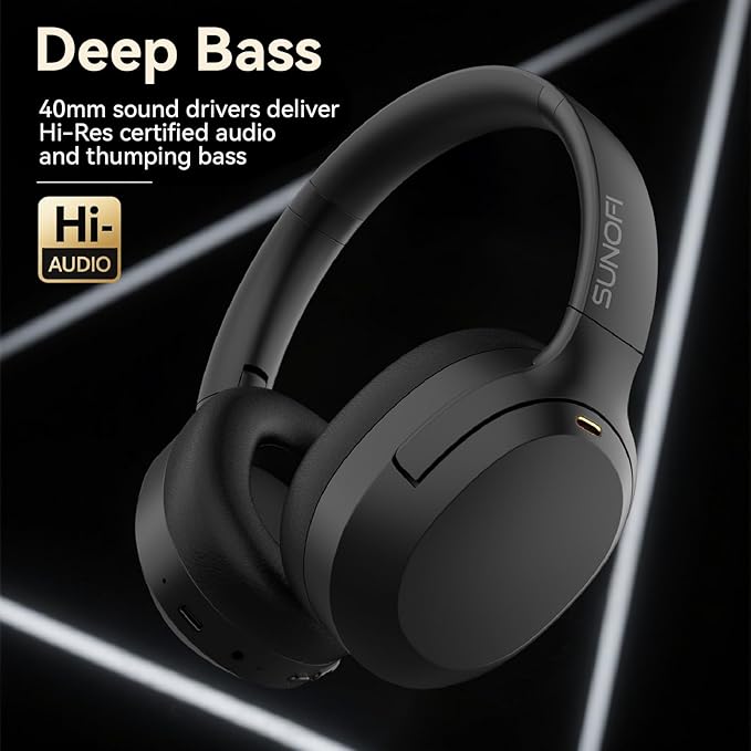 Hybrid Active Noise Cancelling Headphones, Wireless Over Ear Bluetooth Headphones with Mic, 40H Playtime, Hi-Res Audio, Deep Bass, Foldable Comfort Fit Ear Cups for Travel, Office, Home (Black)