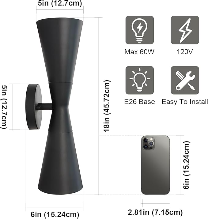 Wall Sconce Bathroom Sconces Wall Lighting, 18 inch Black Modern Sconces Up Down Lights Wall Decor Indoor Wall Light Fixtures for Living Room Hallway Staircase Bedroom Hardwired