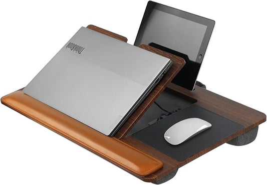 Adjustable Angle Laptop Tray with Leather Wrist Pad - Wooden Lap Desk with Cushion, Laptops Table for Couch,Bed, Fits Laptops Up to 17 Inches, Lap Laptop Desk with Mouse Pad, Brown