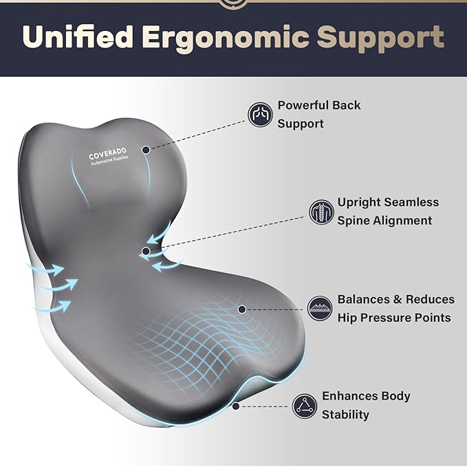Coverado Seat Cushion and Lumbar Support Pillow One Piece for Car Office Chair, Ergonomic Memory Foam Desk Chair Cushion Back Support Pillow, Sciatica & Back & Tailbone Pain Relief Cushion-Gray