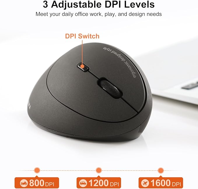 SANWA 2.4G Wireless Ergonomic Mouse, Optical Vertical Ergo Mice for Small Hands, Reduce Wrist Strain, 800/1200/1600 DPI, 5 Buttons, Compatible with MacBook, Laptop, Windows, Mac OS, Black