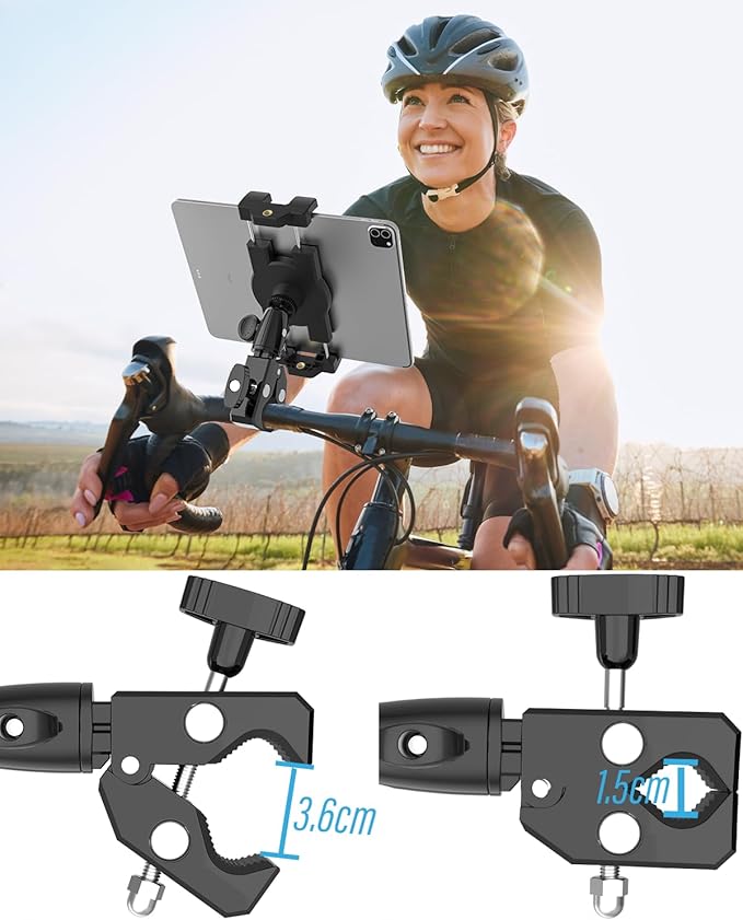 woleyi Aluminum Bike Tablet Mount Camera Clamp, Handlebar Tablet Holder for Motorcycle, Bicycle, Scooter, Stroller, Golf cart, Wheelchair for iPad Pro, Air, Mini, Galaxy, Fire, iPhone, 4.7-13" Devices