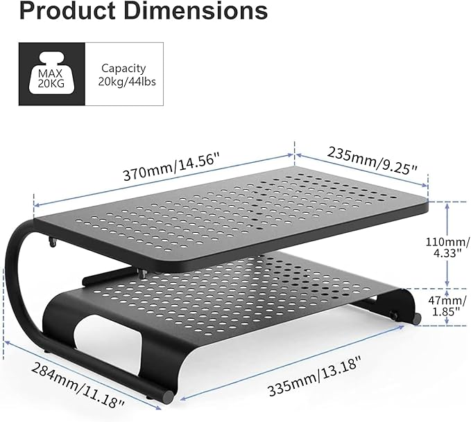 suptek Double-Deck Desk Monitor Stand Riser for Computer,Laptop,Printer, Notebook and All Flat Screen Display with Vented Metal Platform and 4 Inches Height Underneath Storage (MST002)