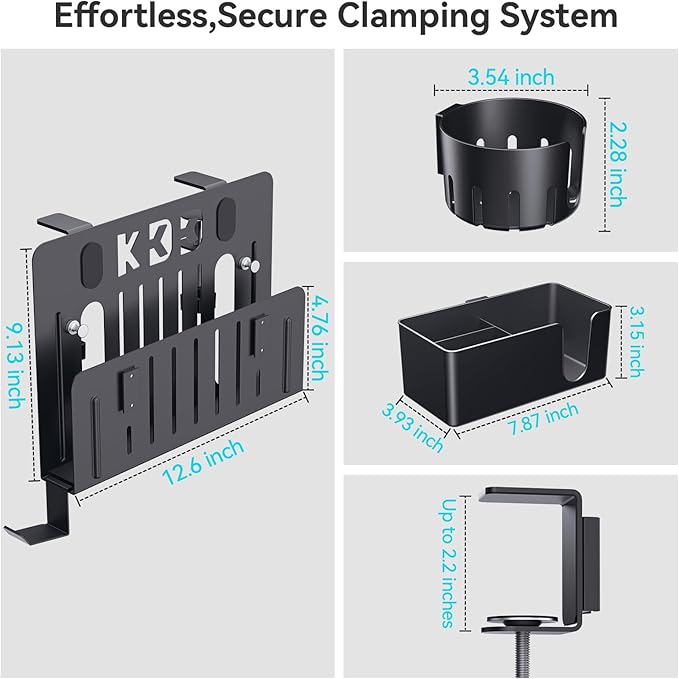 KDD 7 in 1 Desk Side Organizer Set, Under Desk Laptop Holder Storage, No Drill Laptop Stand Mount with 2 Cup Holder, Pen Holder, Headphone Hanger and 2 Pin Magnet, Detachable Hanging Stand