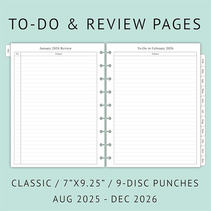 newestor 2025-2026 Planner Refills for Happy Planner Classic Size, Monthly Pages, Aug 2025 - Dec 2026, 9-Disc Punched, 7" x 9-1/4"