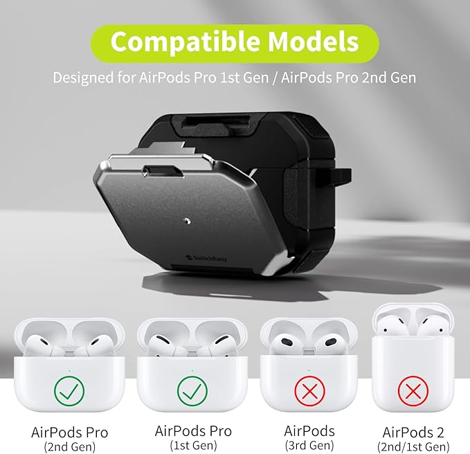 SwitchEasy Defender+ AirPods Pro Locking Case 2nd Generation & 1st Generation - Wireless Charging Case with Phone Stand, Shockproof Protection for Apple AirPods, AirPod Pro Case with Lock - Silver