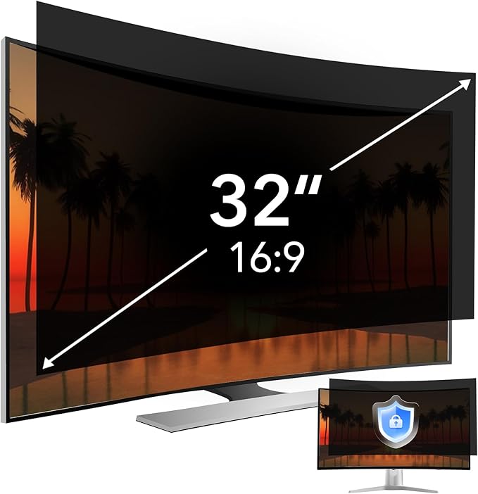 32 inch Computer Privacy Screen Filter for 16:9 Aspect Ratio Widescreen Monitor,32in Curved Computer Monitor Privacy Shield Anti Glare Blue Light Eye Protection, Anti-Scratch Removable Protector Film