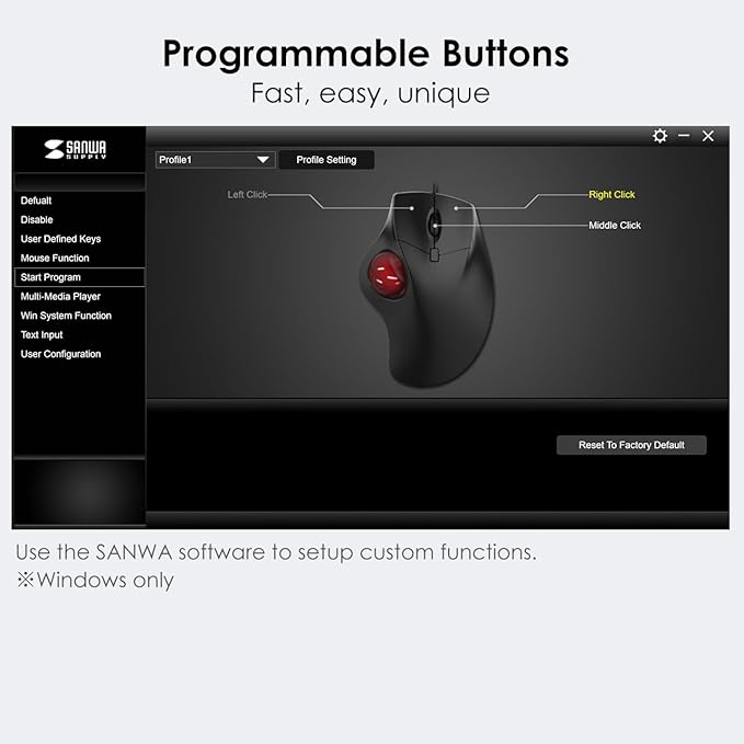 SANWA Wired Ergonomic Trackball Mouse, Optical Rollerball Mice, Programmable Silent Buttons, 40mm Trackball, 600/800/1200/1600 Adjustable DPI, Compatible with MacBook, Laptop, Windows, macOS