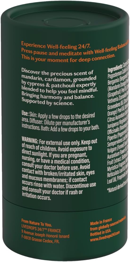 LIVEDROPS 24/7 Balanced Essential Oil Blend Mandarin Cardamom Cypress Patchouli | Aromatherapy for Calm, Harmony & Grounding | Skin-Safe Diffuser Oil | Vegan French Perfumers Clinically Tested 10ml