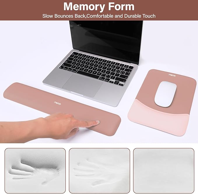 MOSISO Wrist Rest Support for Mouse Pad&Keyboard Set, Rectangular Ergonomic Mousepad Non-Slip Base Home/Office Pain Relief&Easy Typing Pad with Neoprene Cloth&Raised Curved Memory Foam, Salmon Pink
