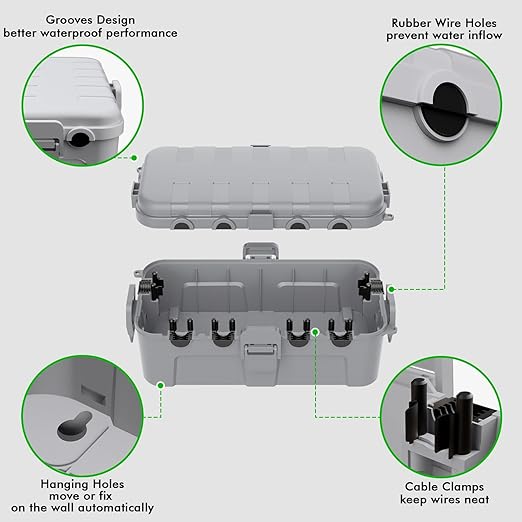 RESTMO Outdoor Electrical Box, IP54 Weatherproof Extension Cord Cover with 6 Cable Entry Ports, Waterproof Connection Box Protect Power Strip, Timer, Plug (11.5x5.2x4 inch), Light Gray