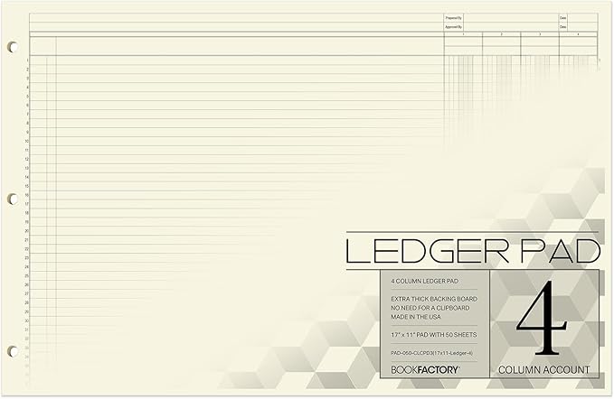 BookFactory Ledger Pad/Large 4 Column Accounting Ledger Columnar (Four Columns) Pads - 17'' x 11'', 50 Pages, Notepad Landscape Format (PAD-050-CLCPD3(17x11-Ledger-4)-AX)