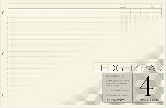 BookFactory Ledger Pad/Large 4 Column Accounting Ledger Columnar (Four Columns) Pads - 17'' x 11'', 50 Pages, Notepad Landscape Format (PAD-050-CLCPD3(17x11-Ledger-4)-AX)
