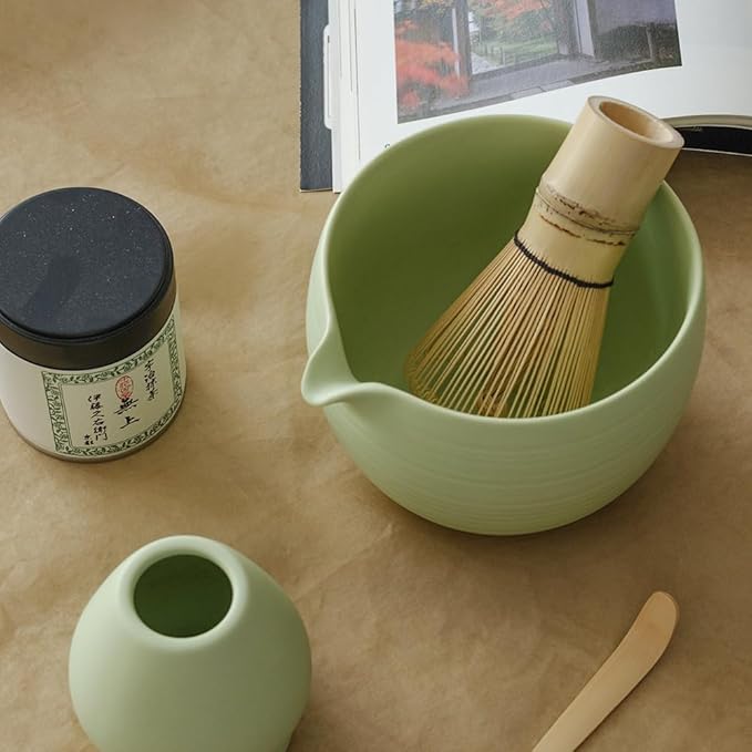 Matcha Whisk Set, Ceramic Matcha Bowl & Whisk Holder, Bamboo Accessory, Modern Design (Mint Green, Pouring Spout)