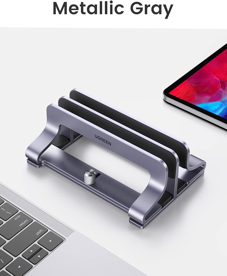 UGREEN 2-Slot Vertical Laptop Stand Holder Desk Compatible with MacBook Pro Air Laptop Stand Desktop Adjustable, Lenovo Ideapad, Surface Book, HP Notebook, Dell Chromebook Up to 17.3 Inch, Space Gray
