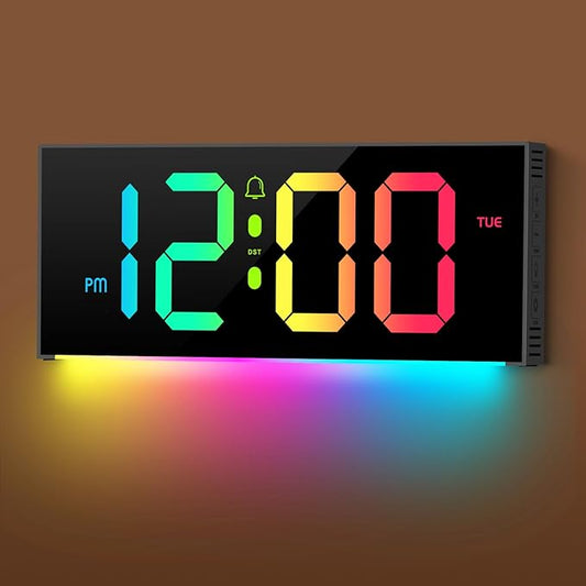 Large Digital Wall Clock 12", Digital Clock with Full Screen Display, 12 RGB Colors Changing Remote Control, DST, Wall Clock with Night Lights for Elderly Living Room Bedroom Office Gaming Room Decor