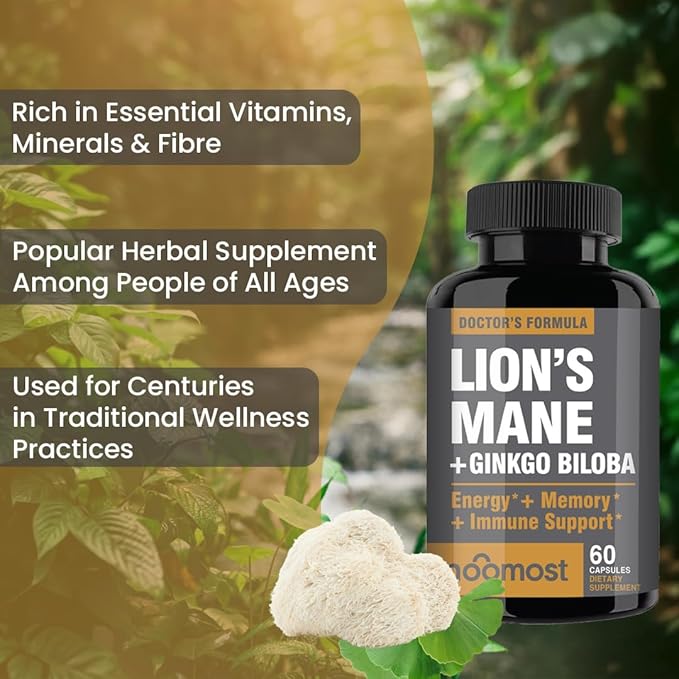 Lions Mane Supplement Organic Capsules - with Ginkgo Biloba - Cognitive Health, Focus & Memory Support - Natural Superfood for Brain, Energy & Immune Health - 60 Capsules - 2 Month Supply