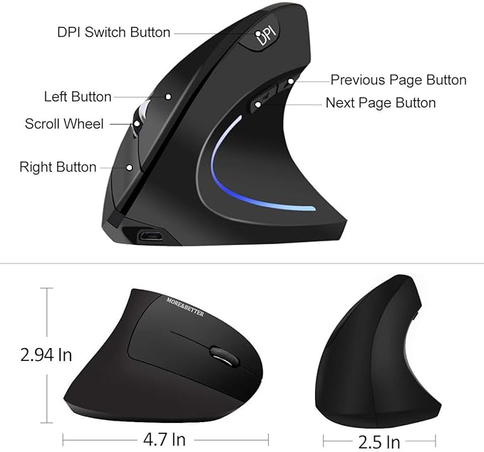 More&Better Ergonomic Wireless Mouse - Rechargeable 2.4G Optical Vertical Mice, 800 / 1200 /1600 DPI, 5 Buttons for Laptop, Desktop, PC, MacBook, gray black ergonomic mouse