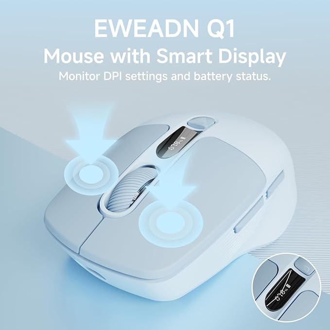 EWEADN Q1 Wireless Mouse, Bluetooth & 2.4G Silent Mouse Quiet Click with 3 DPI Levels, Battery & DPI Smart Display, 6 Button Small Portable Cordless Mice for Laptop/PC/Mac-Blue