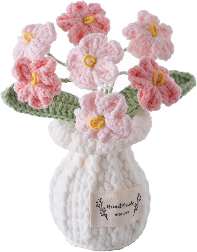 Handmade Crochet Flowers, 5 Inches Small Potted Plants, Knitted Desk Decorations for Home Office Decor (Forget-Me-Not)