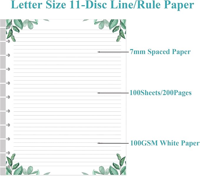 A4 TUL Discbound Lined Refill Paper, 11-Disc Discbound Ruled Filler Paper, 100Sheets / 200Pages Loose-Leaf Line Paper, 100gsm White Paper, 8.5'' x 11'', Leaf