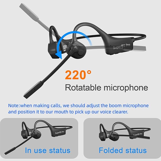 Bone Conduction Headphones with Boom Mic Bluetooth Open Ear Wireless Computer Headsets PC with Mic Noise Canceling Bluetooth Earphones with Microphone for Office Use Driving Meeting