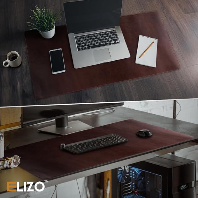 Leather Desk Pad (Real) Leather Desk Mat Set (31x15) Large Desk Cover Desk Blotter Desk Protector Computer Mat for Keyboard Gaming Mouse Pad Table Laptop Office Desktop Accessories 2mm Elizo
