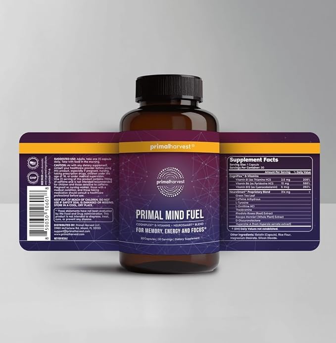 Brain Supplement by Primal Harvest, Primal Mind Fuel Brain Booster for Focus, Energy, Clarity, and Brain Health 30 Capsules Nootropics Brain Support Supplement for Men and Women